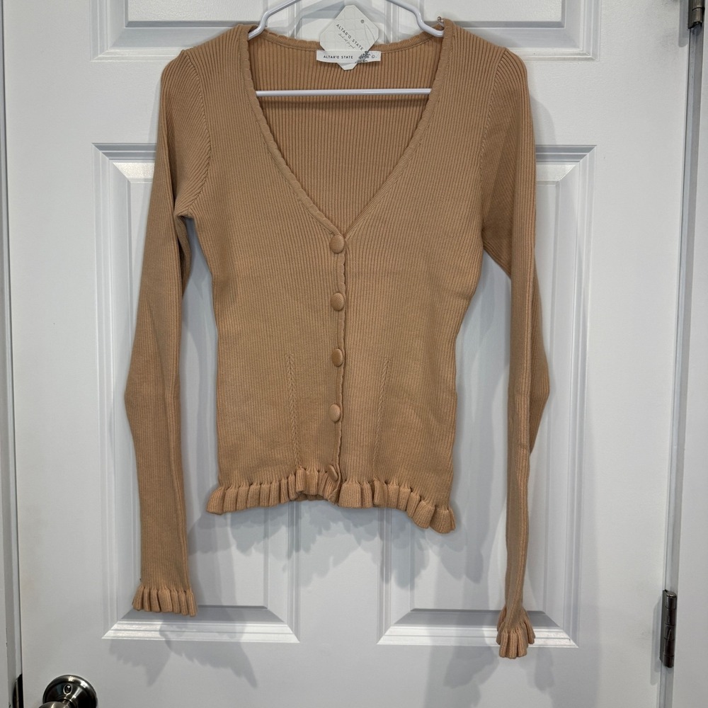 Altar'd State Almond Ribbed Ruffle Trim Button Front Cardigan Size Large - Picture 2 of 5